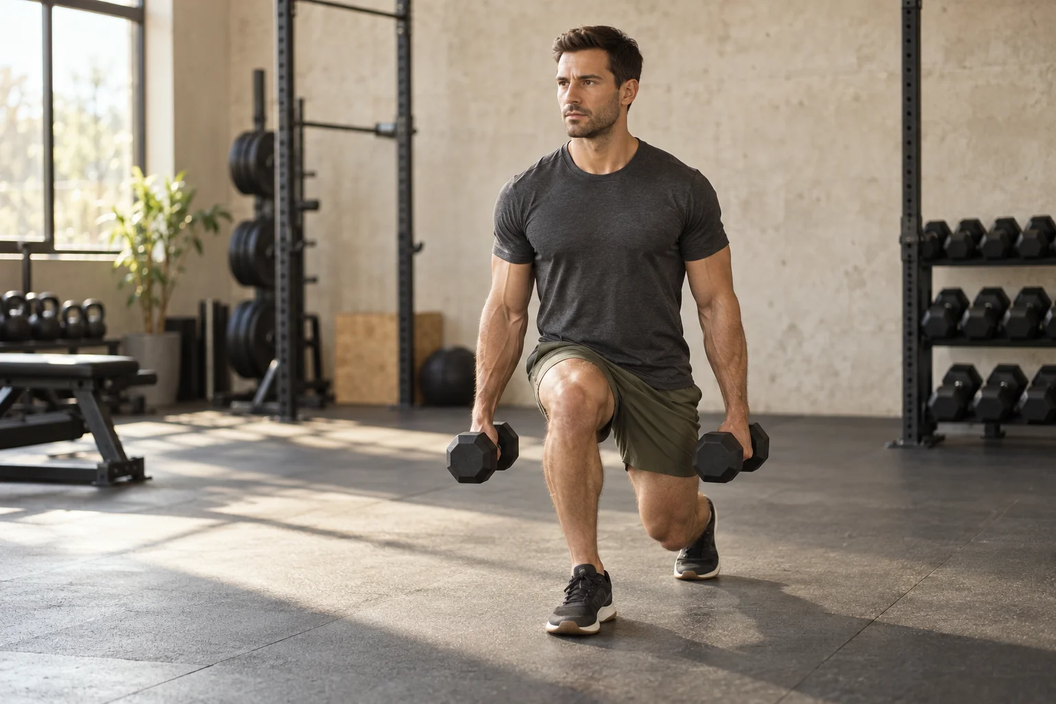 A man performing a dumbbell lunge in a strength studio
