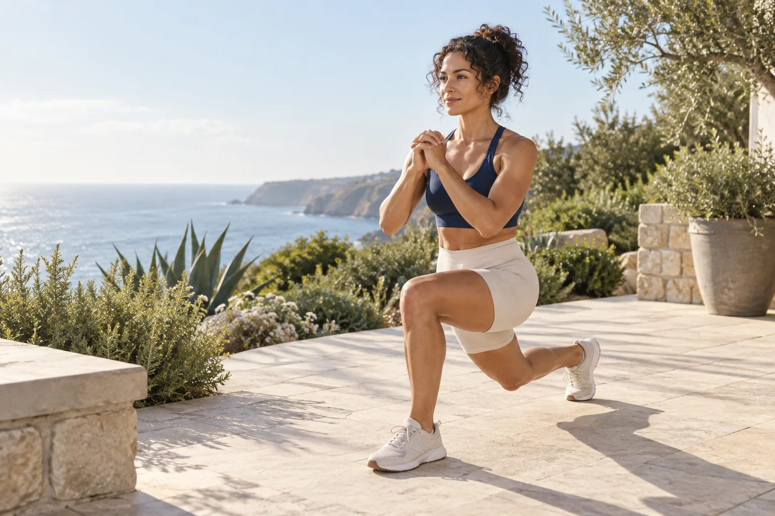 A woman doing a bodyweight lunge on a sunny outdoor terrace